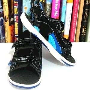 NAUTICA BOY'S BLACK BLUE CROSSOVER VELCRO STRAP SANDALS SIZE 3 NWT